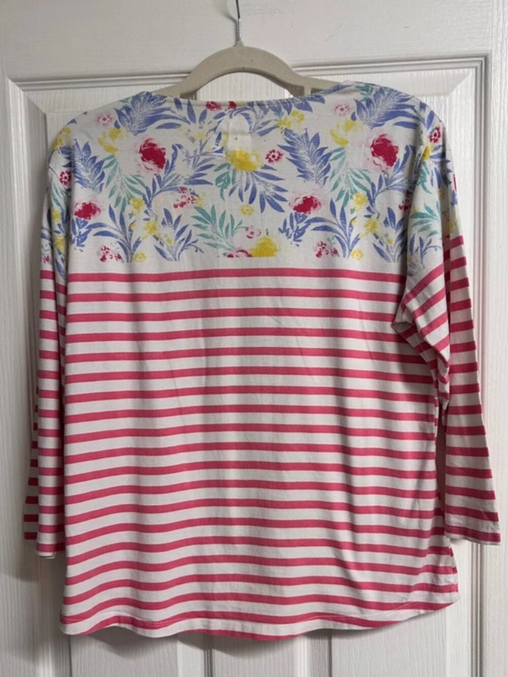 White Pink Stripe Country Rose Womens 3/4 Sleeve Floral Top - Picture 2 of 5